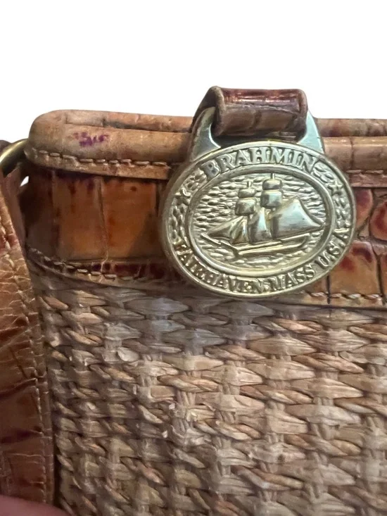 Brahmin Vintage Straw Woven Crossbody Bag Croc Leather Trim Boho Summer - Picture 5 of 9